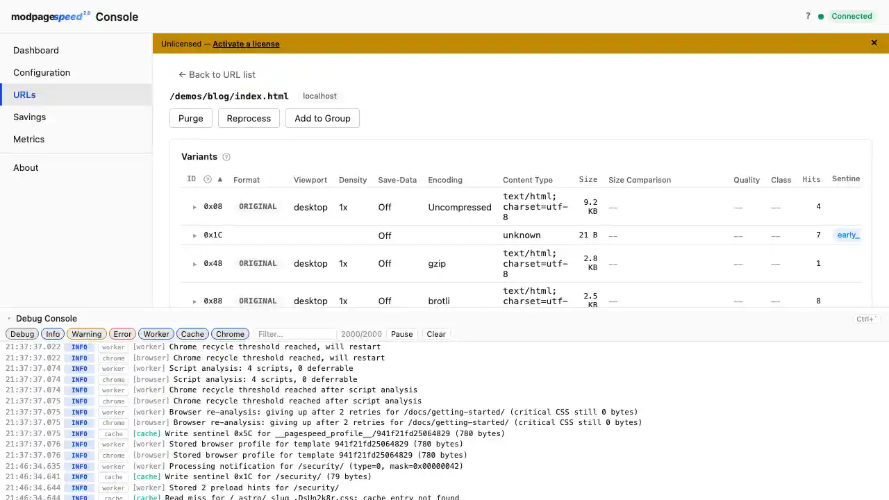 Admin console showing cached variants for a single URL across formats and viewports